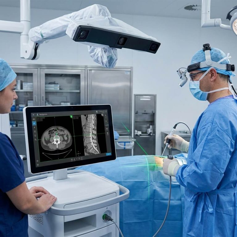 Orthopedic surgeon using spine navigation system with optical camera during minimally invasive spine surgery.