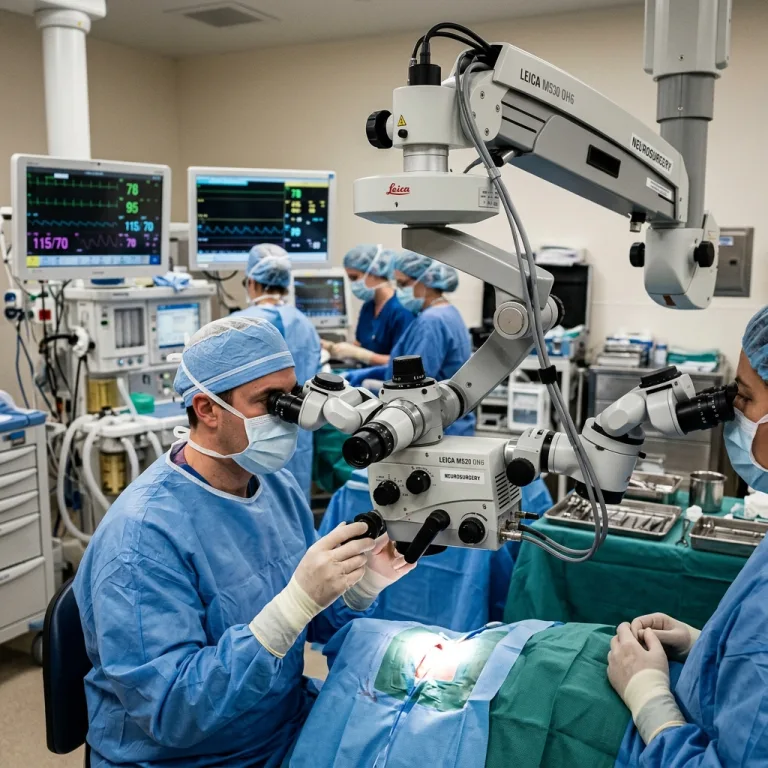 Neurosurgeons performing delicate microsurgery using multi-observer surgical operating microscope in hospital theater.