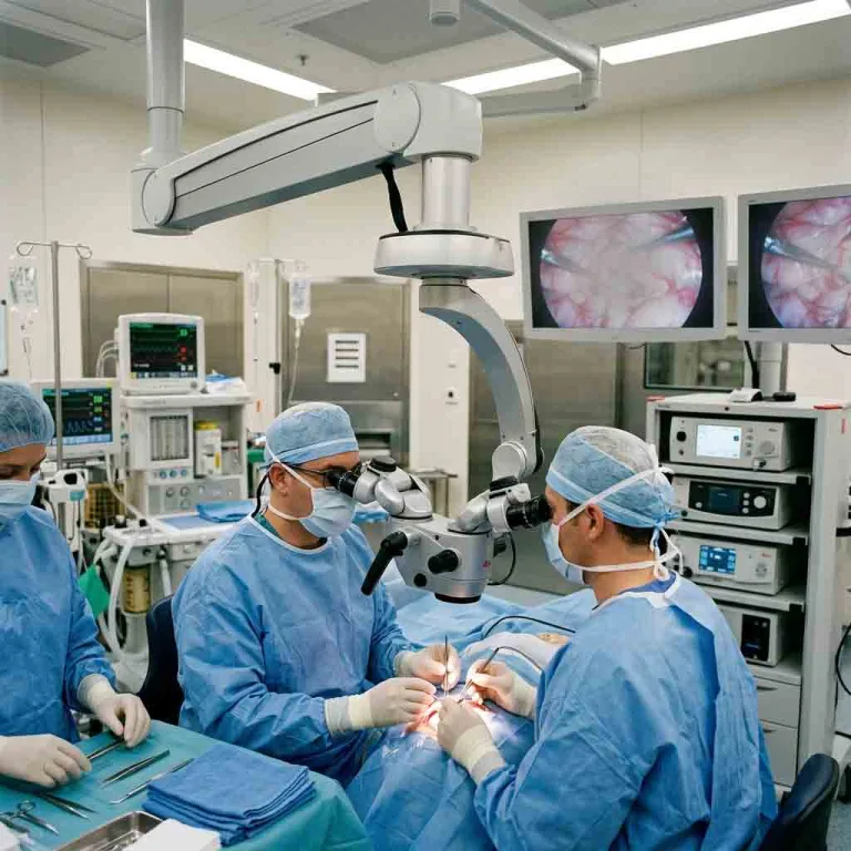 Two surgeons performing microsurgery using a dual-head surgical microscope with video monitors.