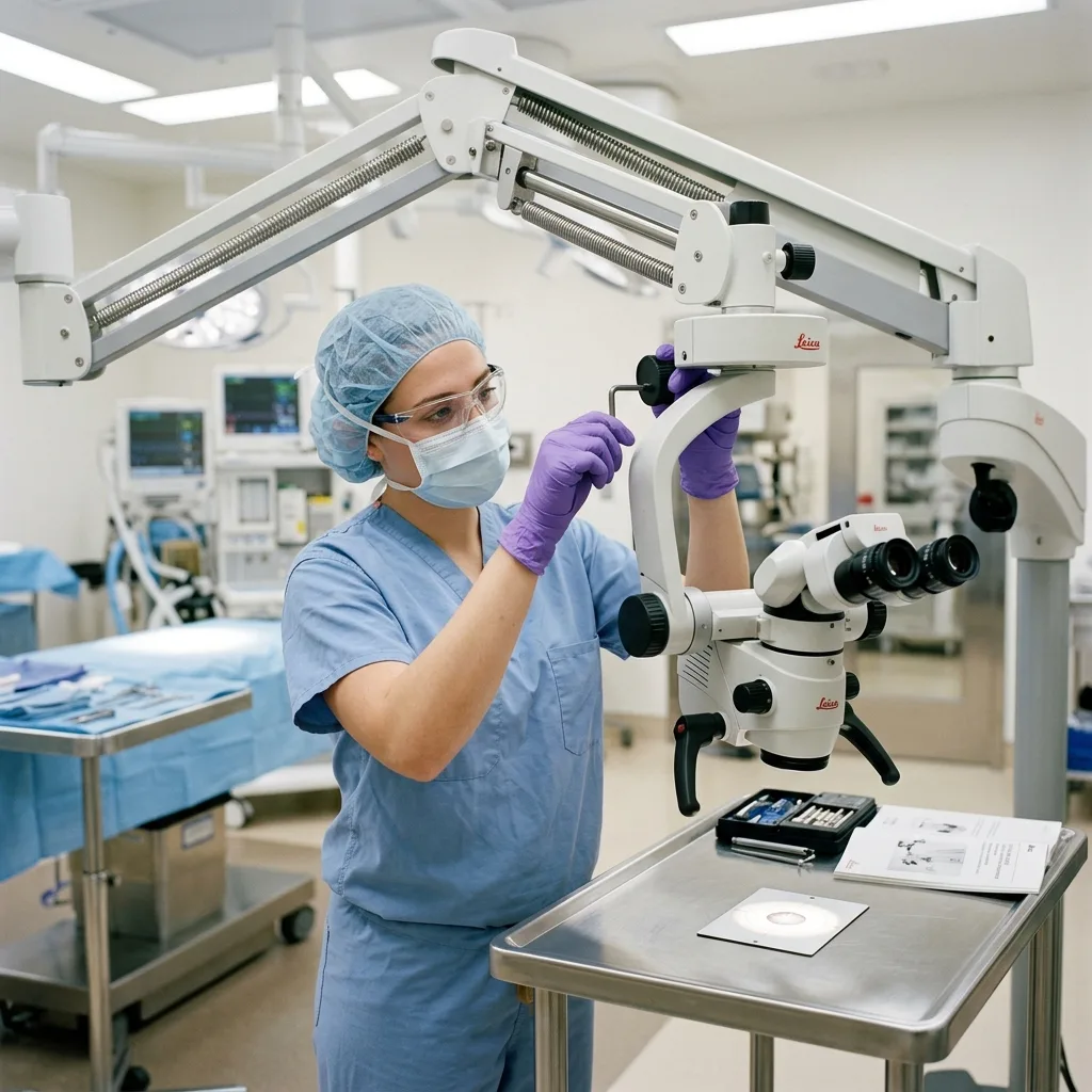 Biomedical technician adjusting articulating arm of surgical operating microscope with hex key in operating room.
