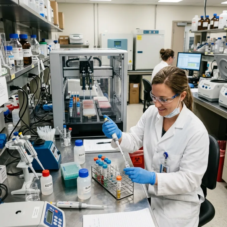 Female clinical technician manually pipetting samples with automated liquid handling equipment in the background.
