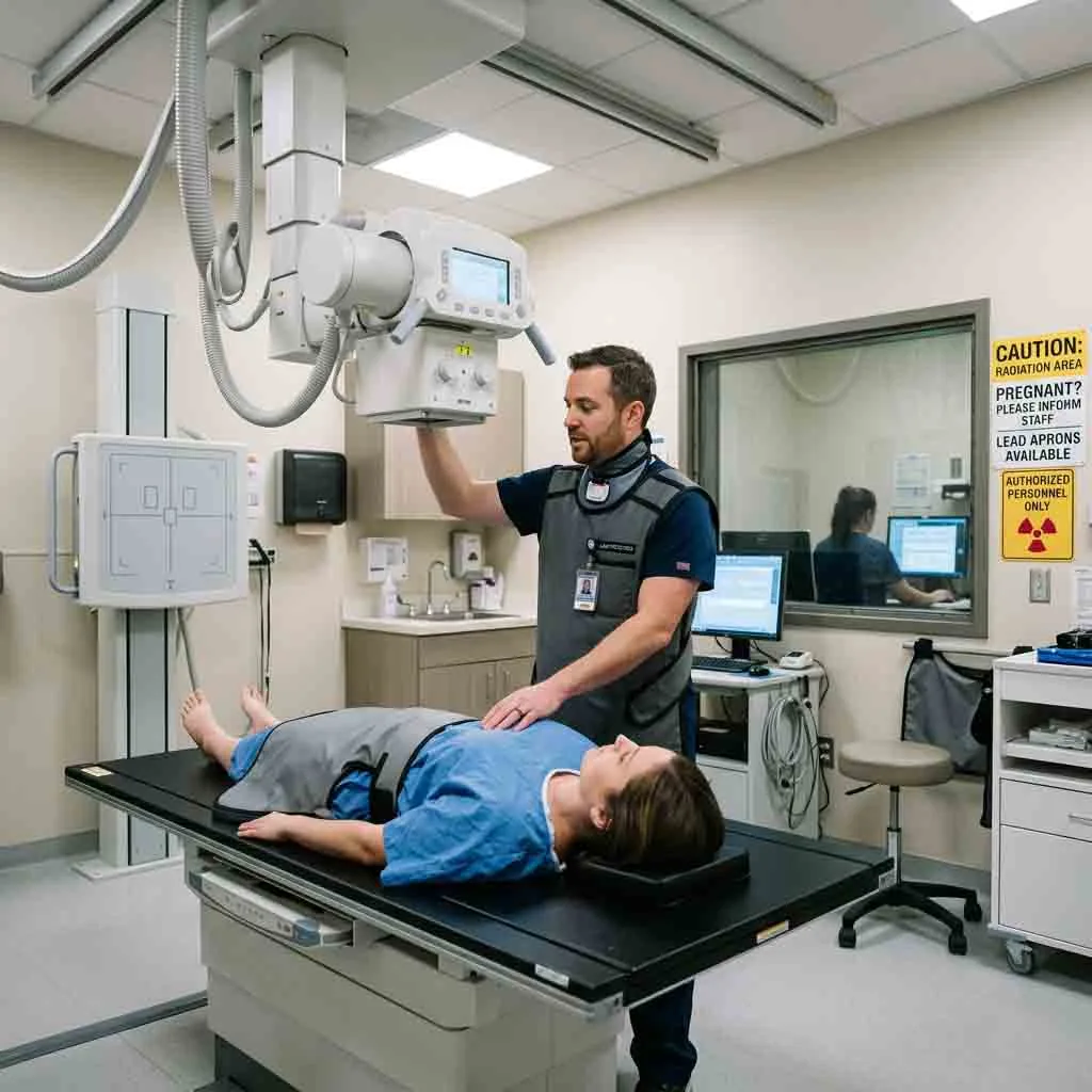 Radiologic technologist in a lead apron positioning a patient for an X-ray.