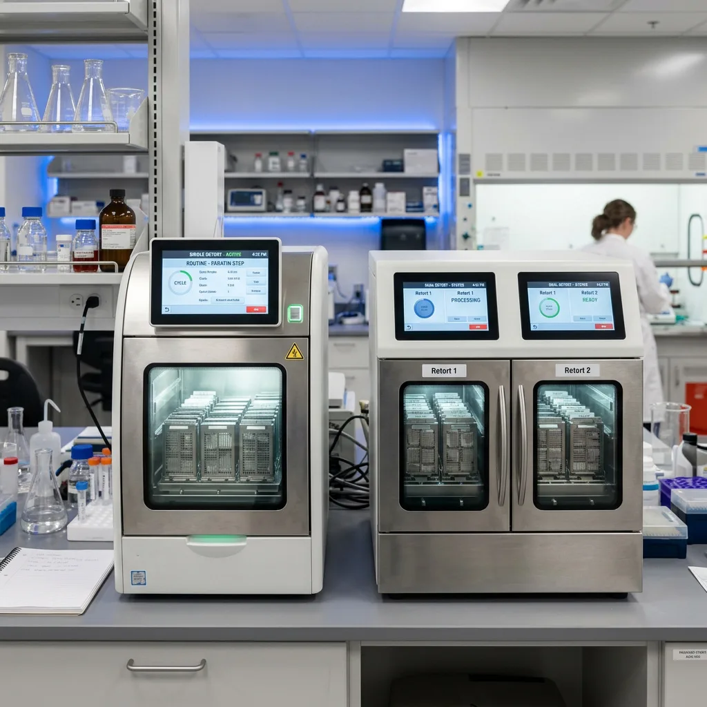 Single and dual-chamber automated tissue processors installed side-by-side on a clinical laboratory workbench.