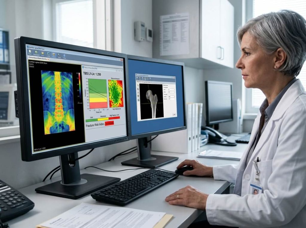 Radiologist analyzing spine DEXA scan and Trabecular Bone Score software on dual monitors.