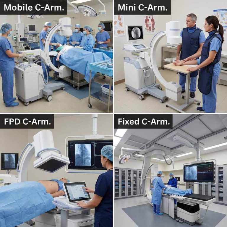 Four-panel comparison of mobile, mini, flat panel detector, and fixed C-arm X-ray machines in clinical environments.