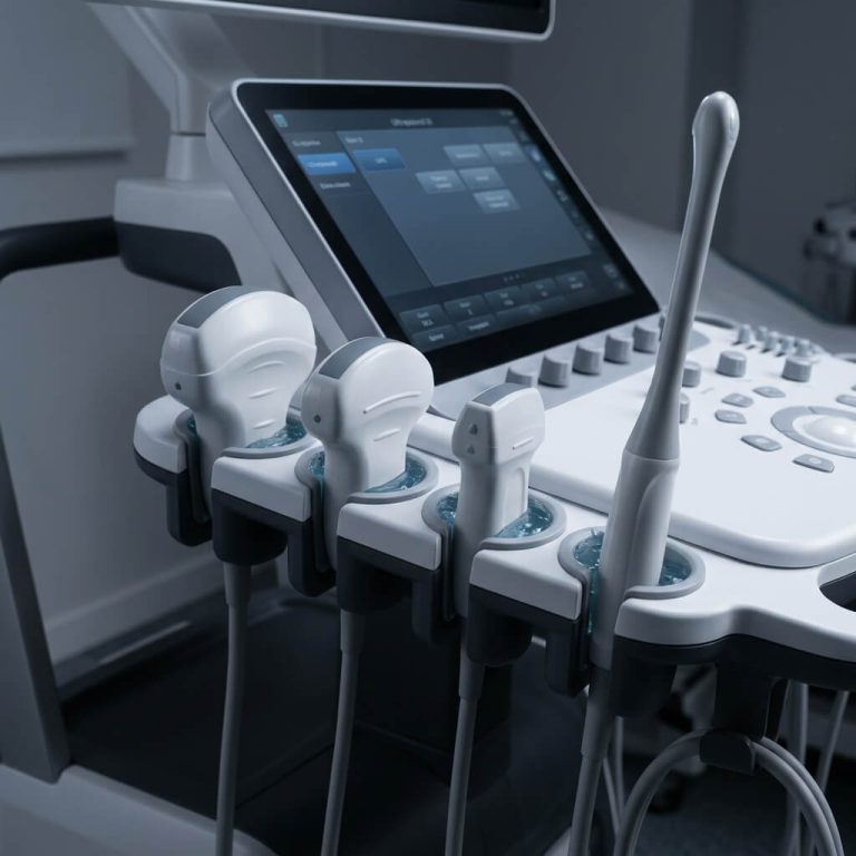 Multiple types of ultrasound transducer probes resting in holders on a cart-based diagnostic machine.