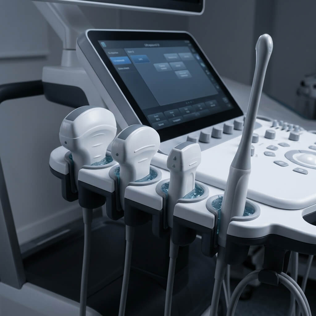 Multiple types of ultrasound transducer probes resting in holders on a cart-based diagnostic machine.