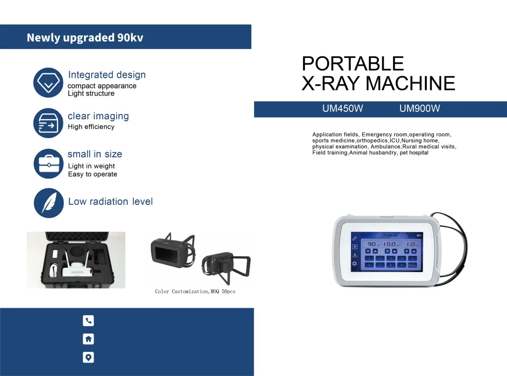 Product brochure for a 90kV portable X-ray machine highlighting low radiation and clear imaging.