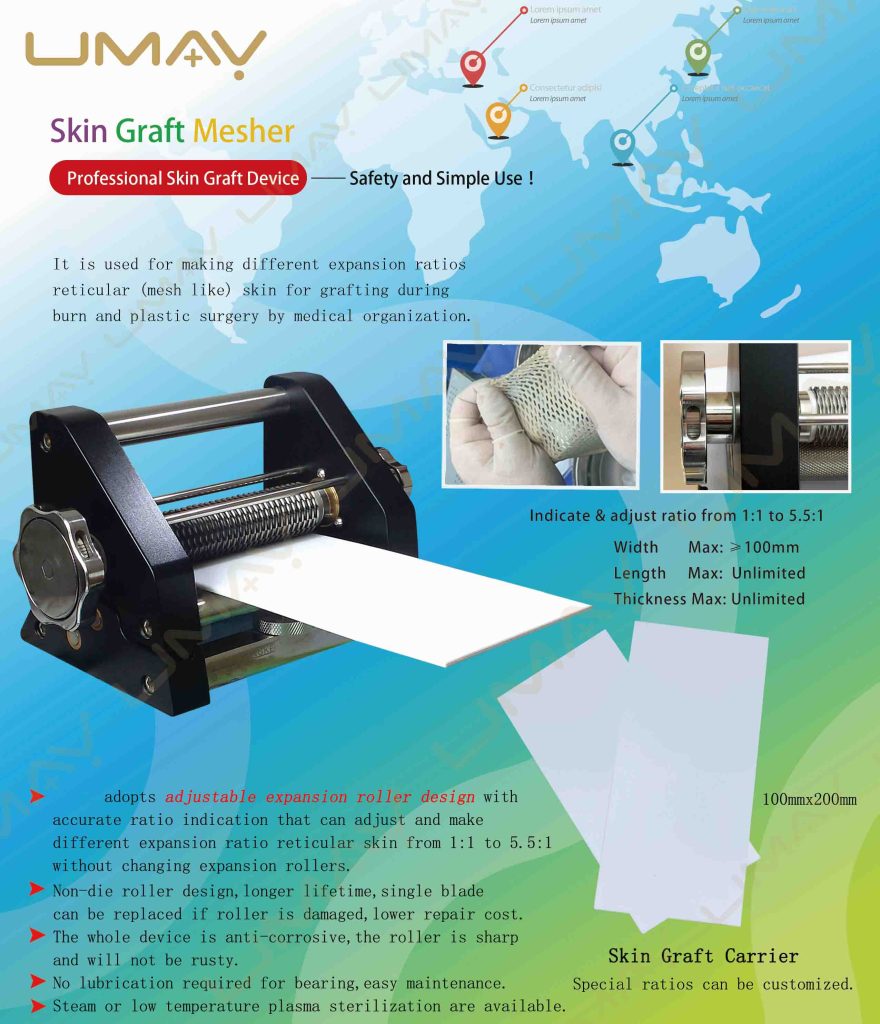 skin graft mesher catalogue showing adjustable expansion ratios for burn surgery.
