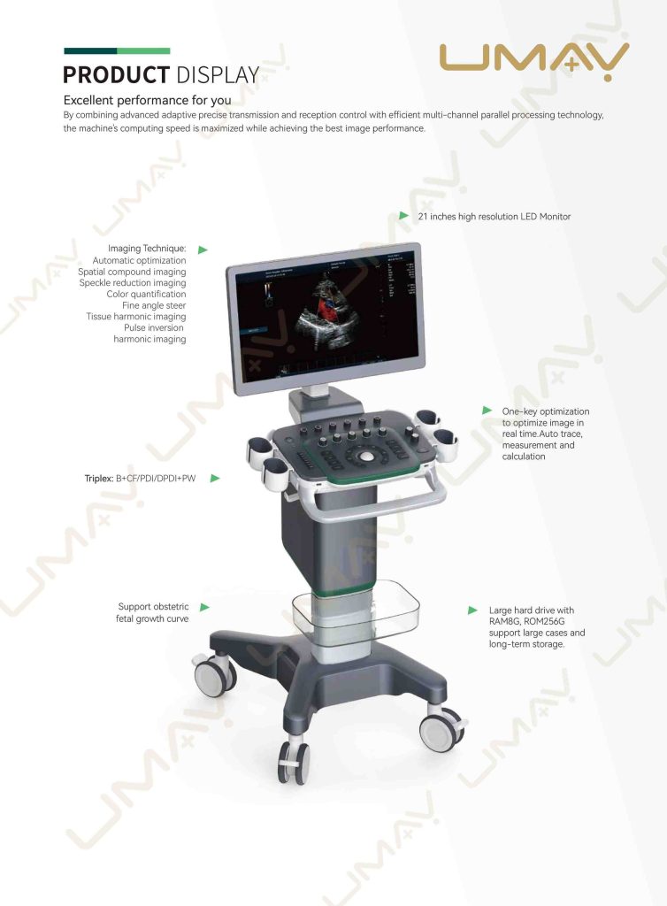 ultrasound machine product display highlighting 21-inch monitor and imaging features.