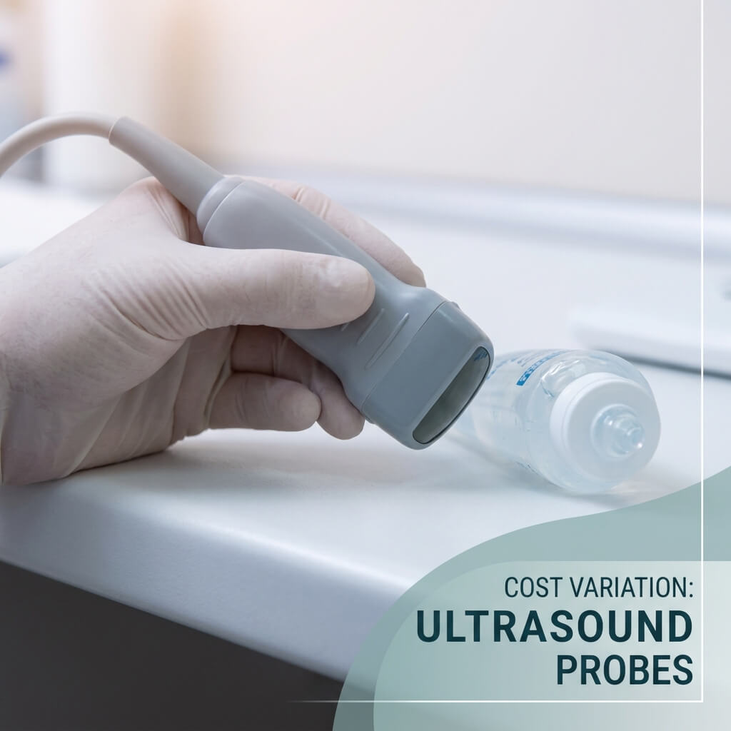 Gloved hand holding a linear ultrasound transducer next to transmission gel, representing ultrasound probe cost variations.