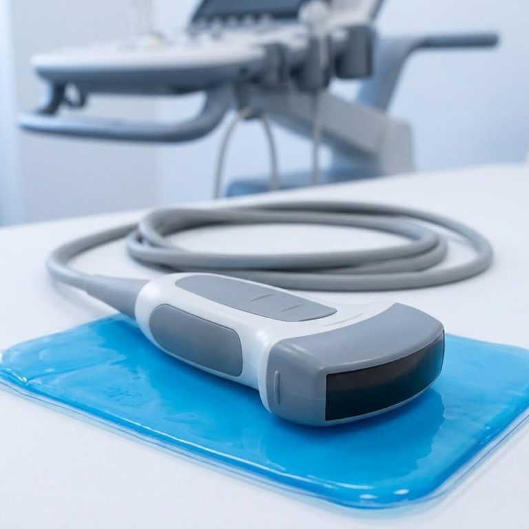 Close-up of a convex ultrasound transducer probe resting on a blue cooling pad in a medical clinic.