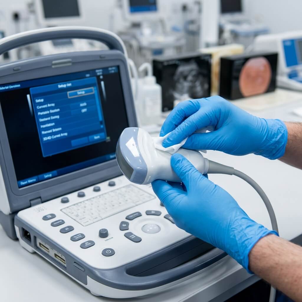 Healthcare worker wearing blue gloves cleaning an ultrasound transducer probe with a disinfectant wipe.