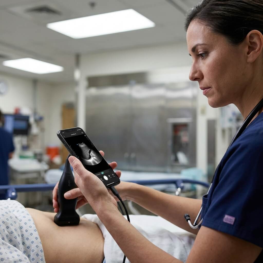 Medical professional in blue scrubs using a smartphone-connected handheld ultrasound probe to examine a patient's abdomen.