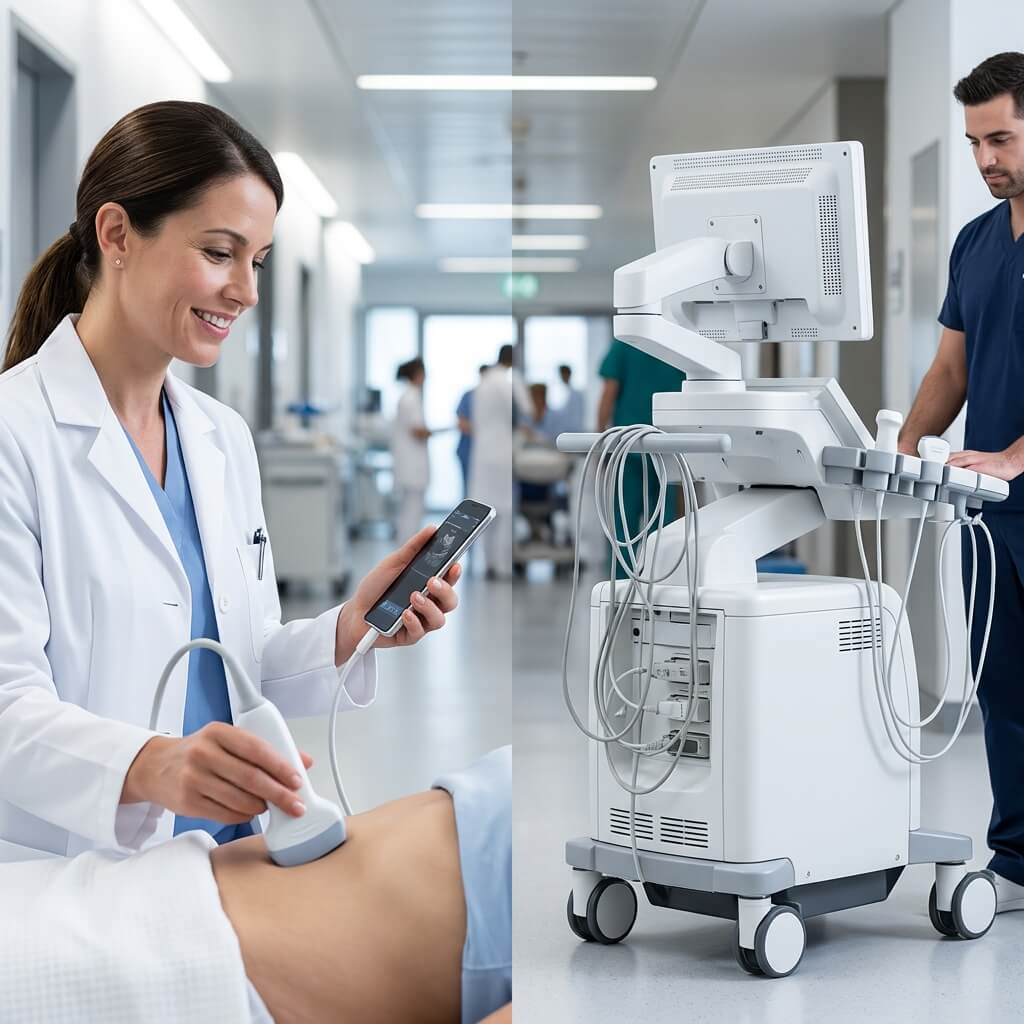 Side-by-side comparison of a physician using a portable smartphone ultrasound and a traditional cart-based ultrasound machine in a hospital.