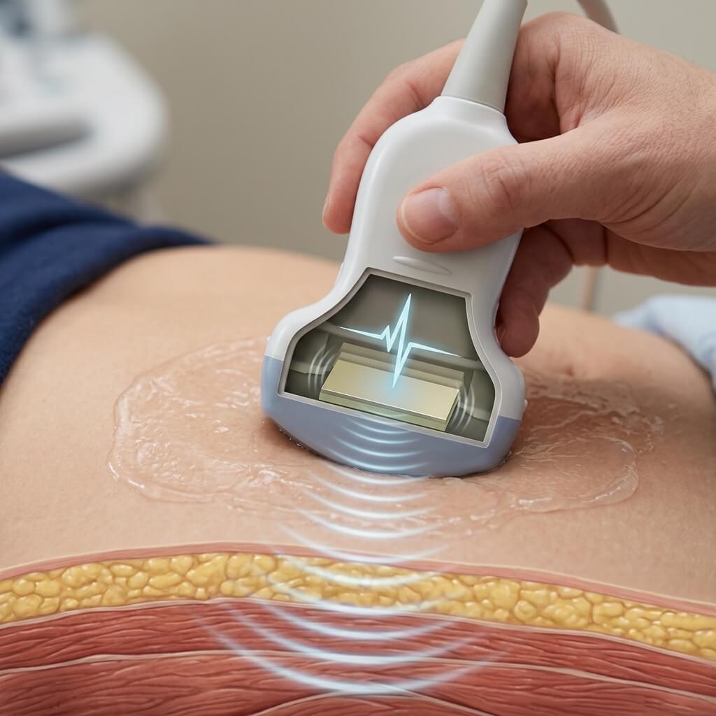 Anatomical cross-section diagram showing how an ultrasound transducer emits high-frequency sound waves through human tissue.
