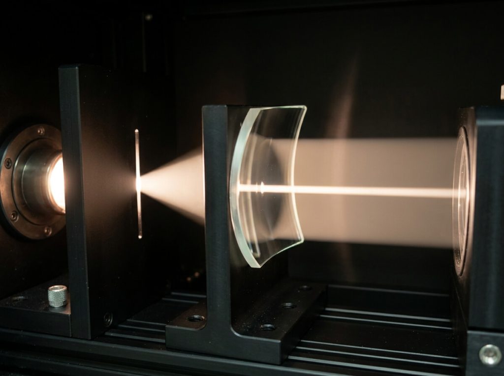 Light beam passing through optical slit and collimating lens inside spectrometer system.