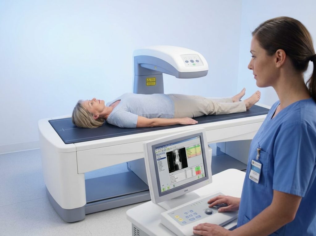 Patient undergoing bone density scan on DEXA densitometer machine with operator at control console.