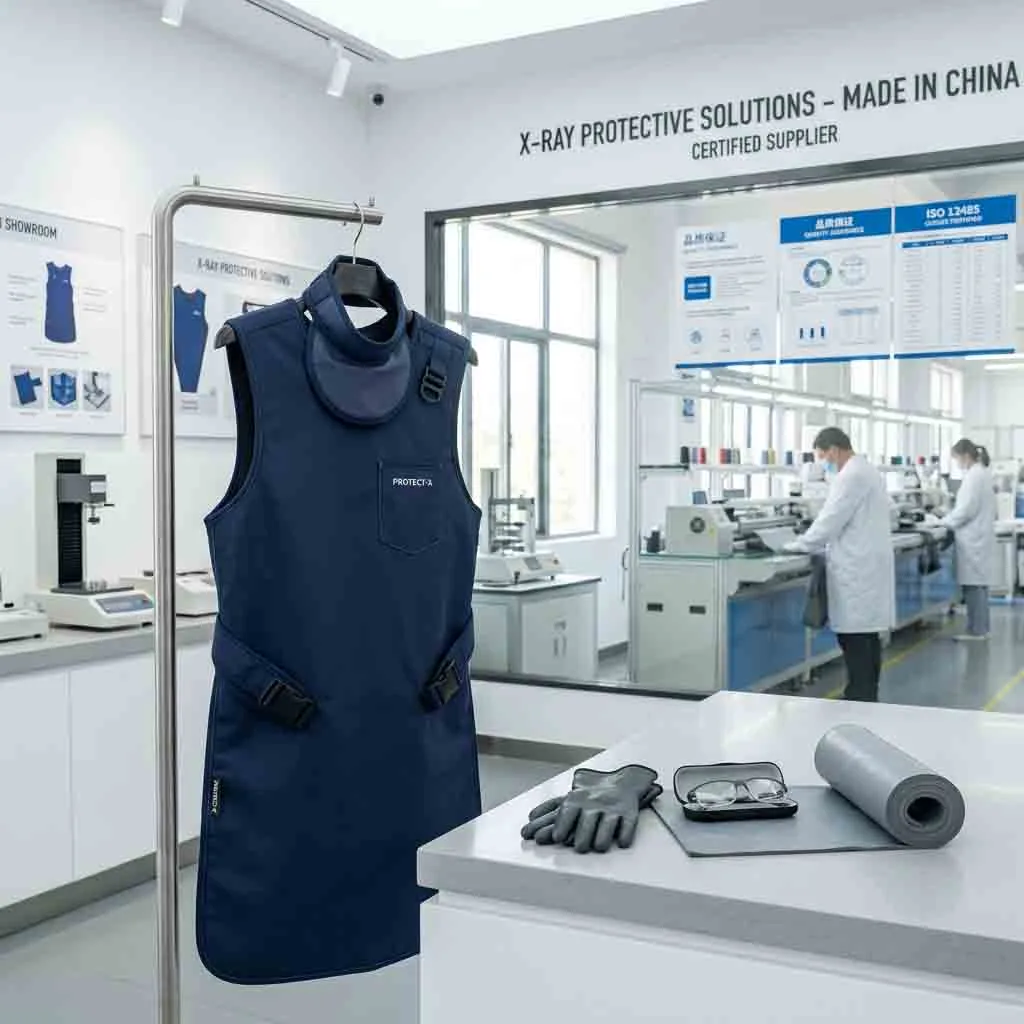 Manufacturer showroom displaying medical X-ray protective lead apron, safety glasses, and gloves.