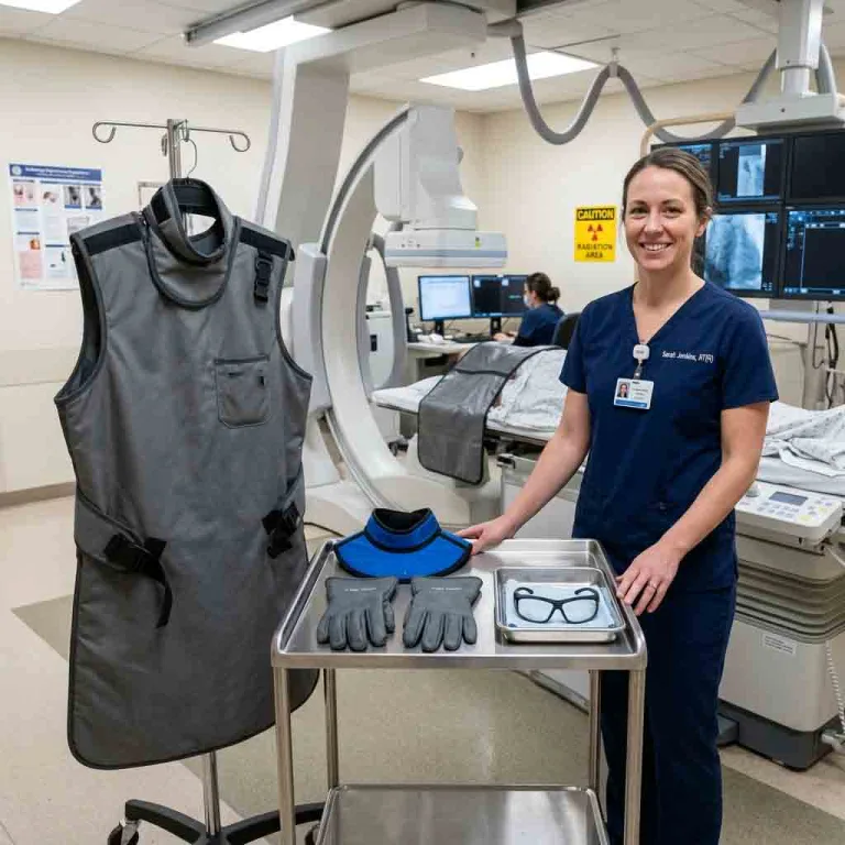 Radiographer displaying X-ray radiation protection apparel and accessories.