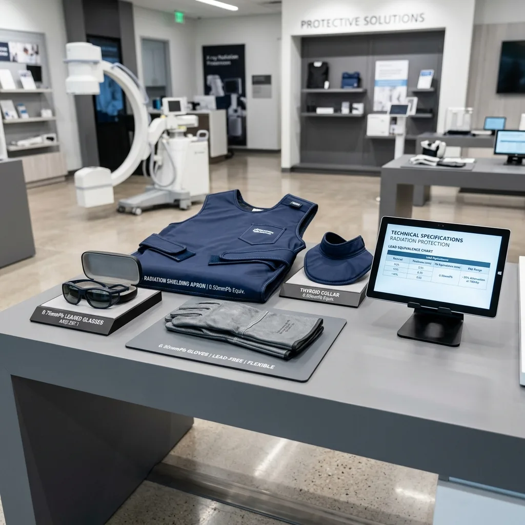Medical radiation protection apparel display including lead apron, thyroid collar, and safety glasses.