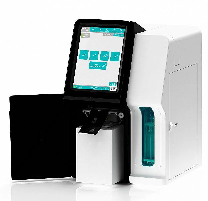 Studio view of a touchscreen ISE electrolyte analyzer with an open sample compartment door.