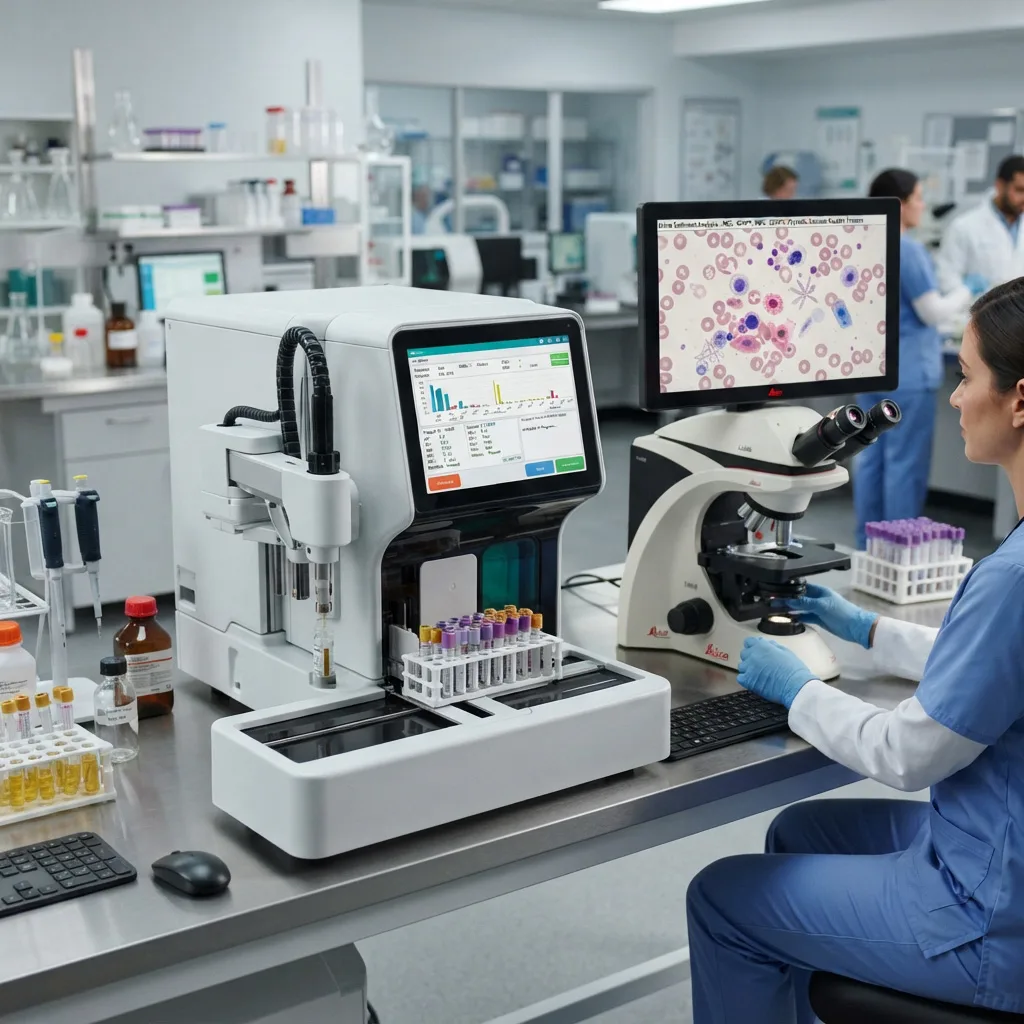 Clinical laboratory workstation combining an automated analyzer, a microscope, and digital pathology imaging.
