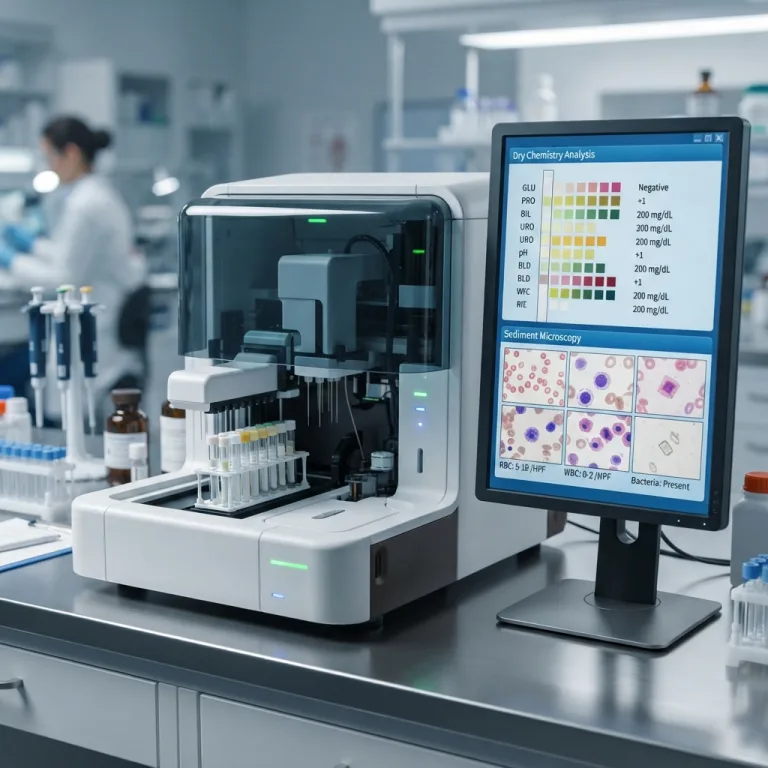 Automated urine analyzer displaying dry chemistry and sediment microscopy results on a digital screen.