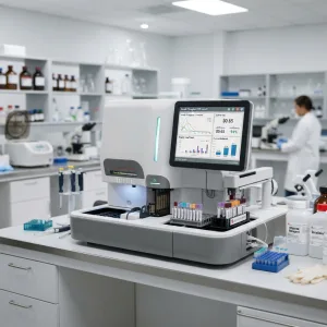 Fully automated biochemistry analyzer displaying diagnostic test results on a digital screen.