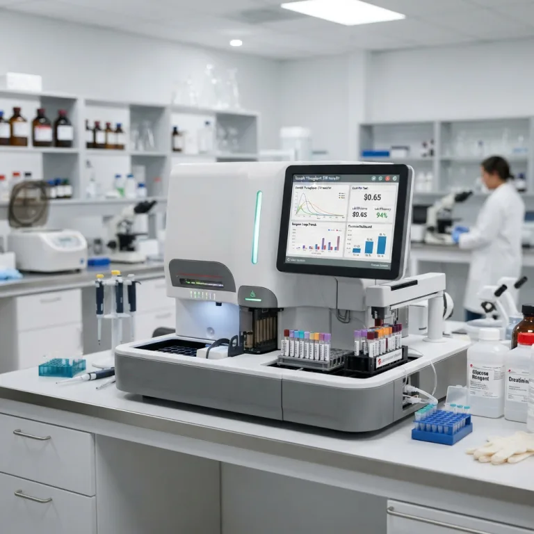 Fully automated biochemistry analyzer displaying diagnostic test results on a digital screen.