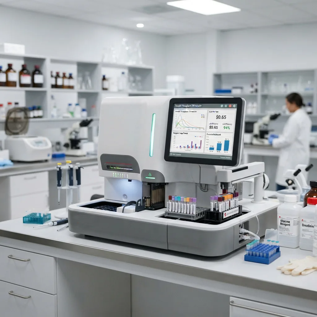 Fully automated biochemistry analyzer displaying diagnostic test results on a digital screen.
