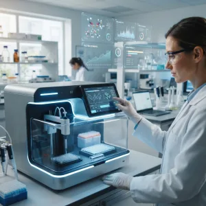 Scientist utilizing a smart AI biochemistry analyzer with digital holographic data overlays.
