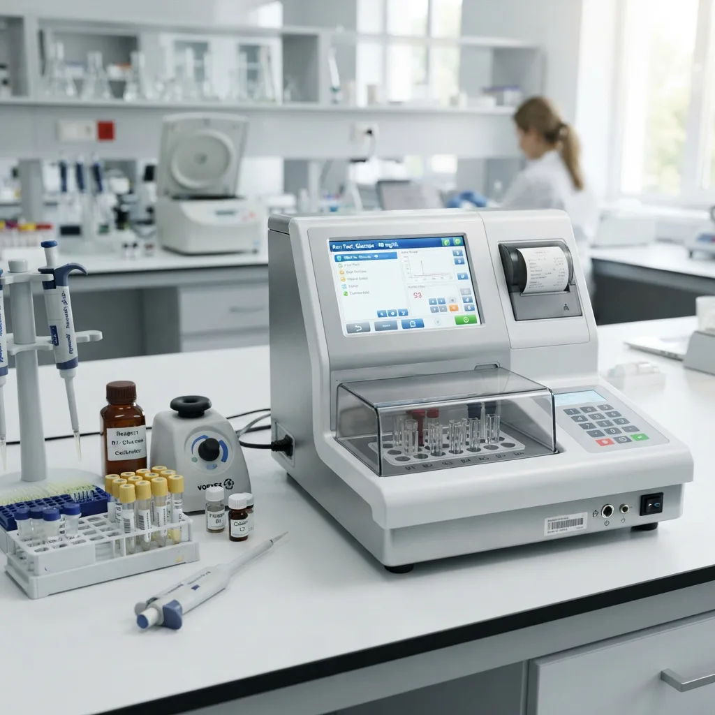 Compact benchtop biochemistry analyzer with integrated printer and sample loading=