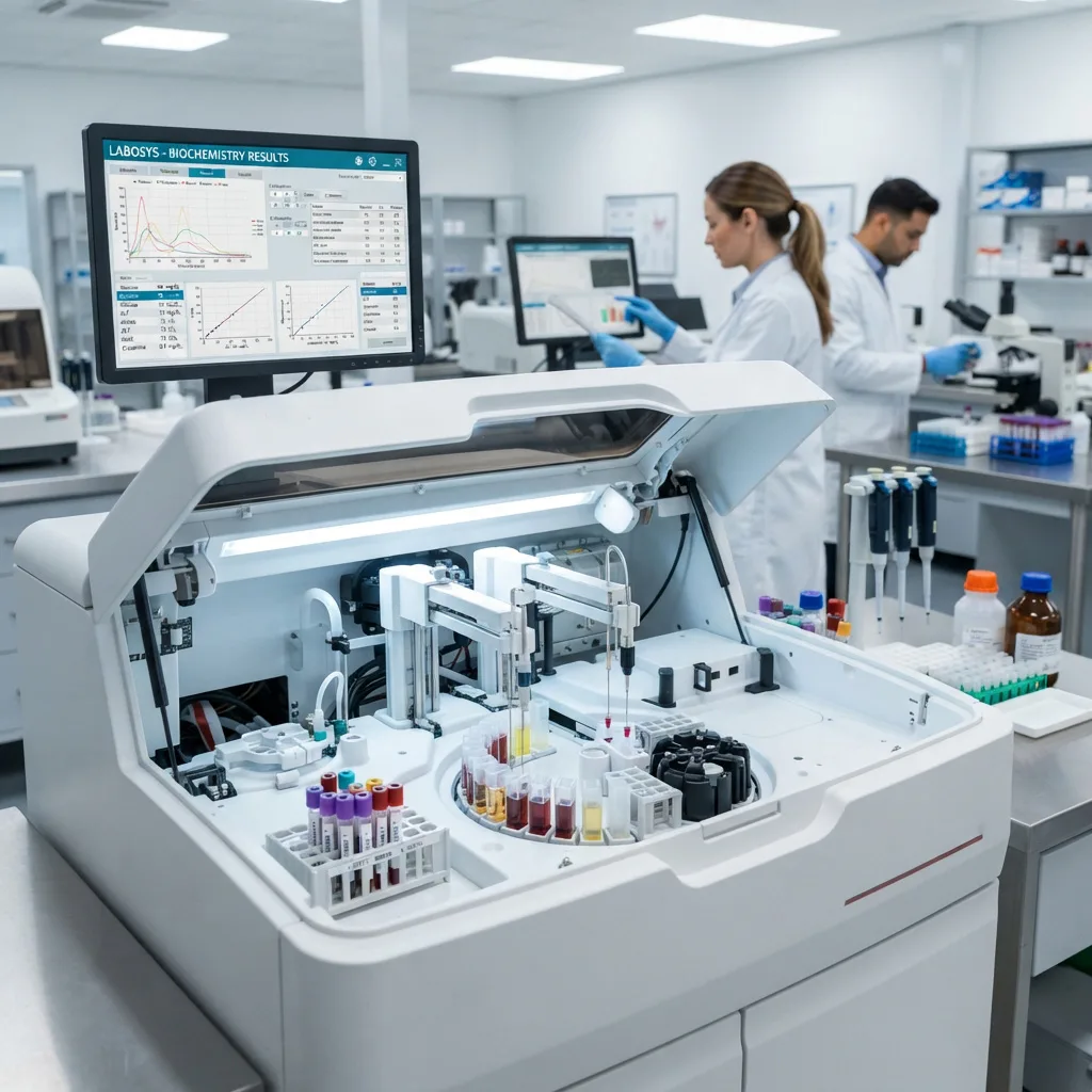 High-throughput automated biochemistry analyzer processing multiple blood sample tubes.