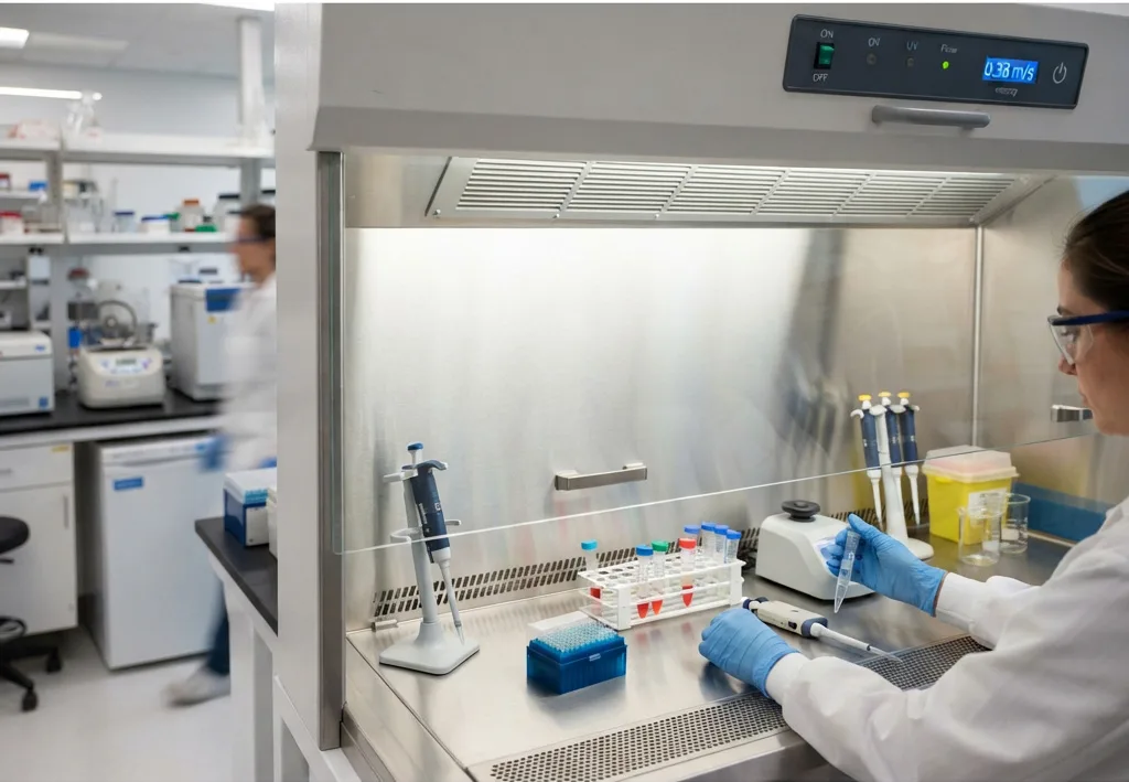 Scientist handling test tubes in a biosafety cabinet featuring a digital air velocity display.