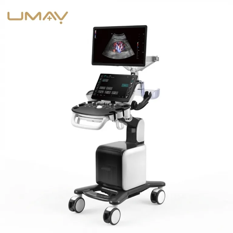Diagnostic ultrasound system positioned next to an examination bed in a clinic.