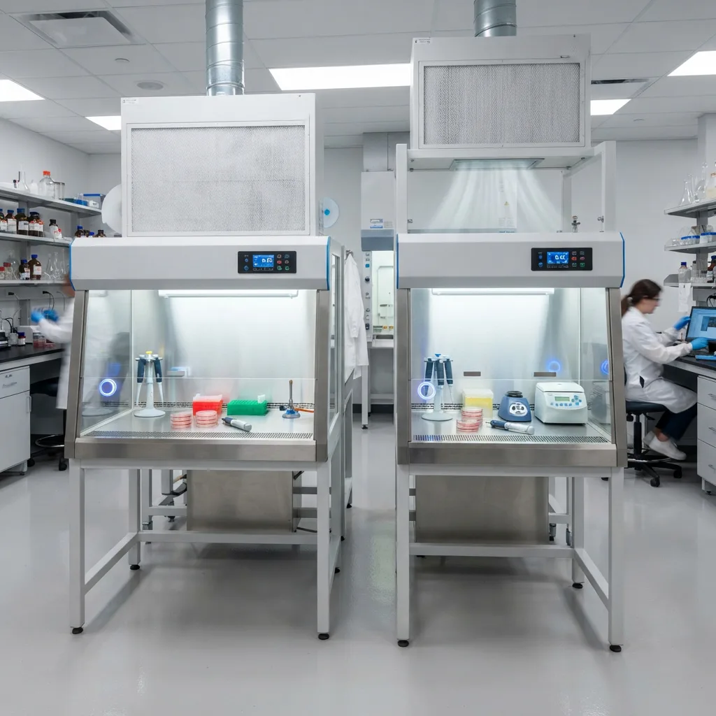 Two floor-standing laminar flow clean benches operating in a sterile laboratory environment.