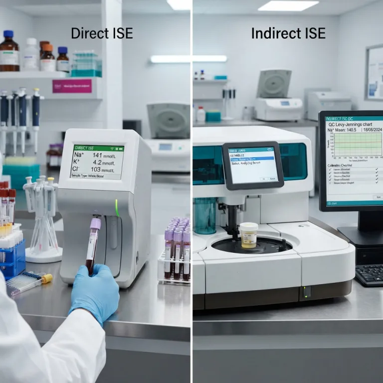 Side-by-side comparison of direct ISE and indirect ISE electrolyte analyzers in a clinical laboratory.
