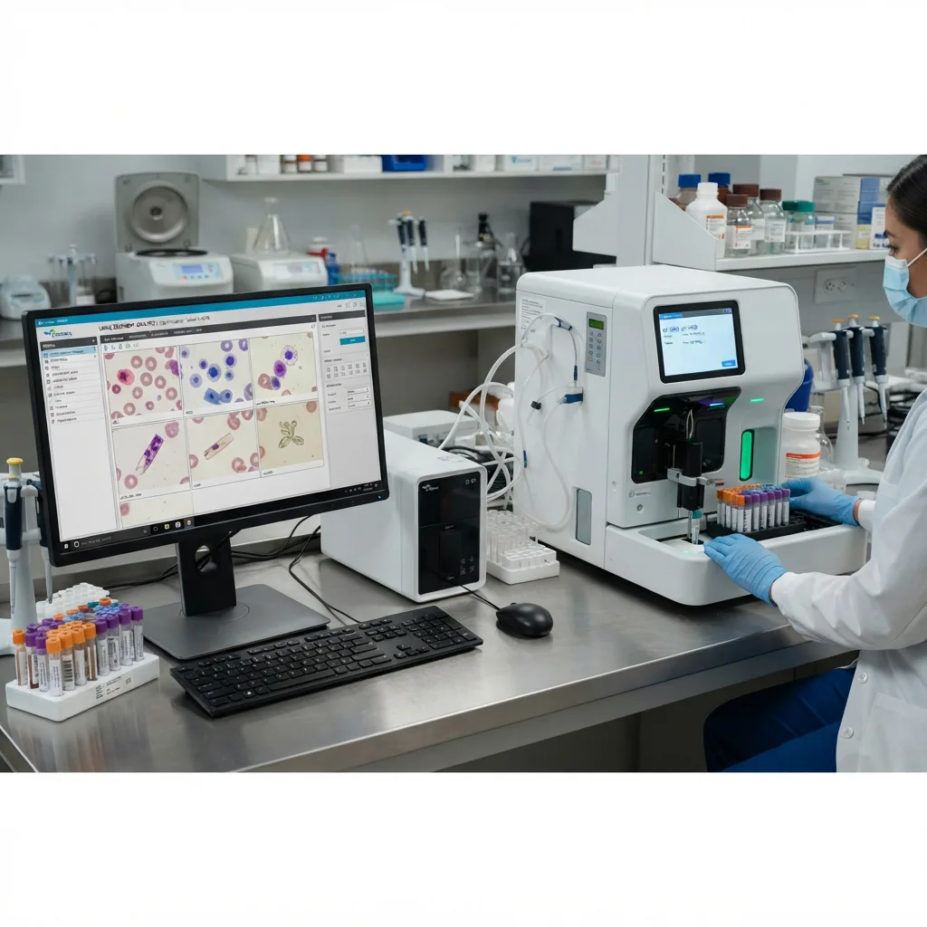 Automated urine sediment analyzer displaying high-resolution digital microscopy images of cells.