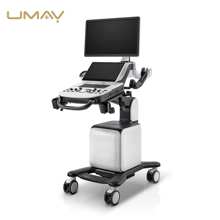 Mobile cart-based medical ultrasound machine with dual screens on a white background.