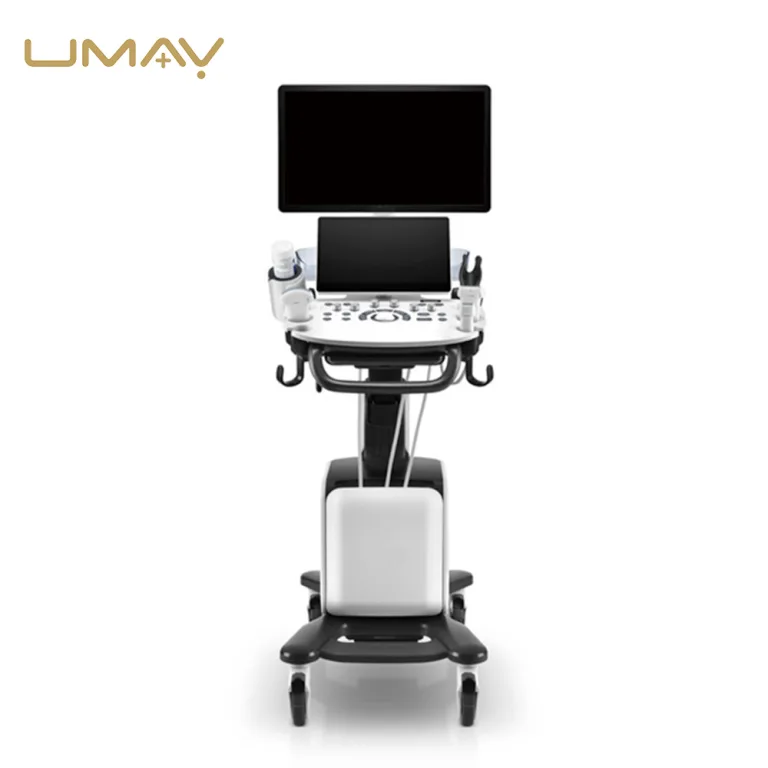 Front view of a modern cart-based diagnostic ultrasound machine with dual display screens.