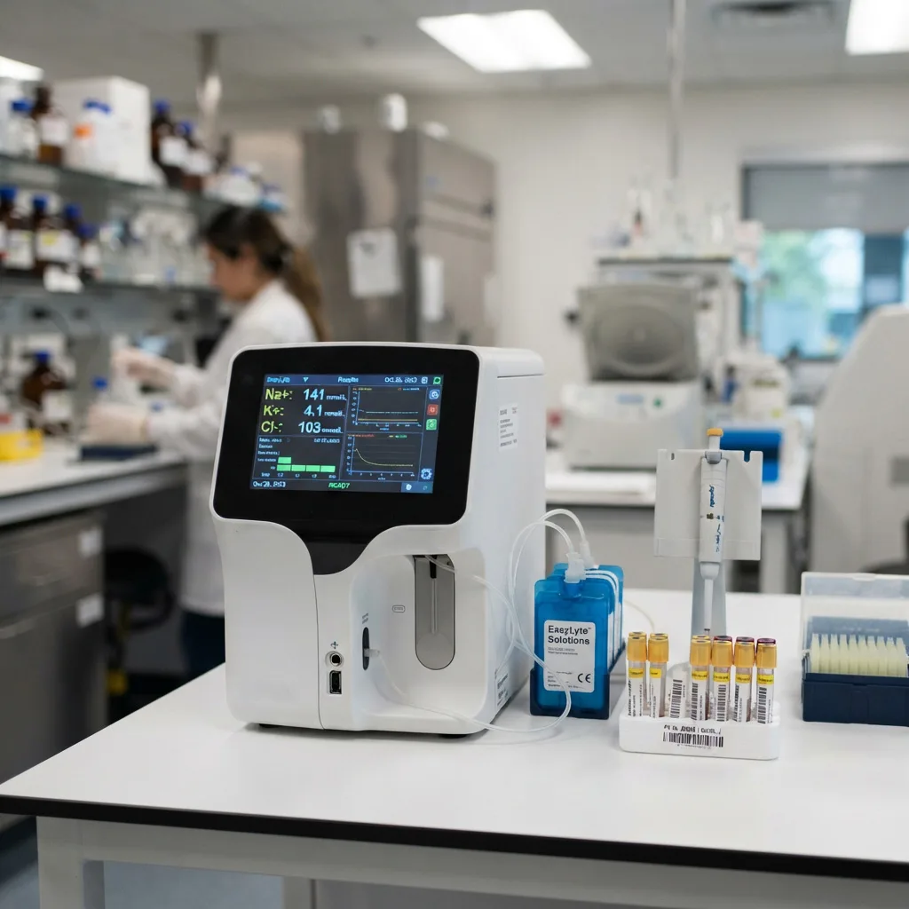Compact benchtop electrolyte analyzer with reagent bottles and blood sample tubes on a lab workbench.