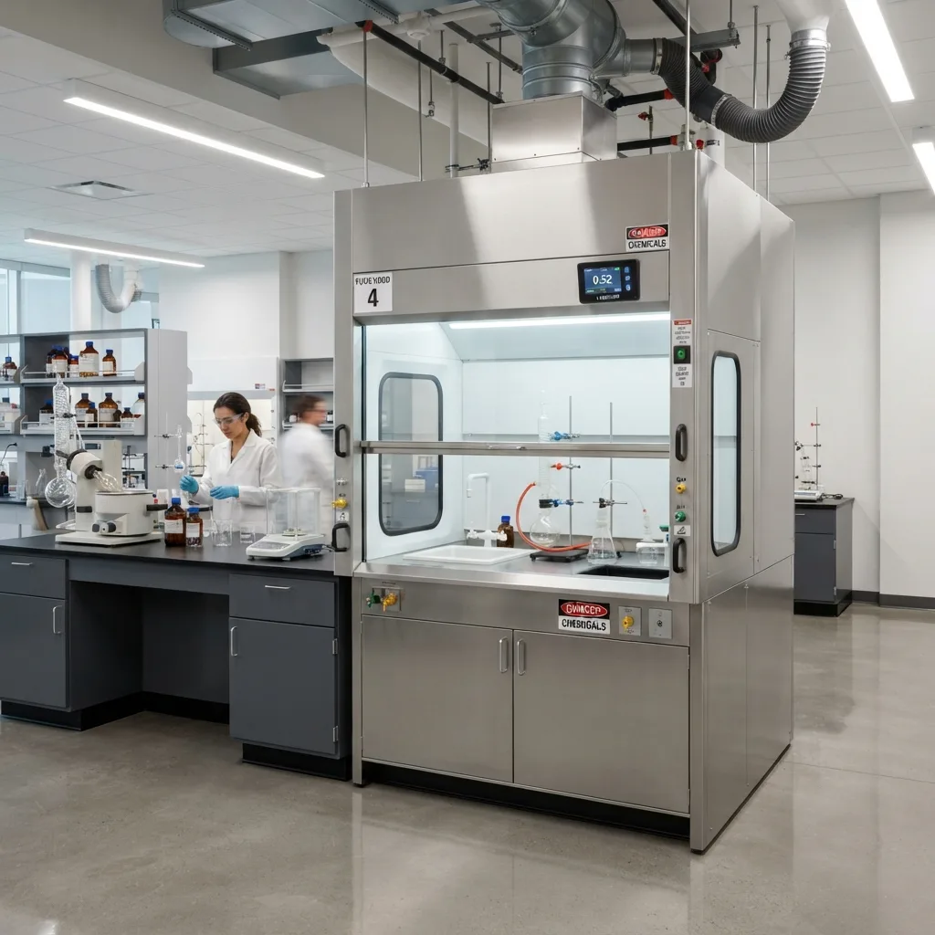 Floor-mounted walk-in chemical fume hood operating in an analytical research laboratory.