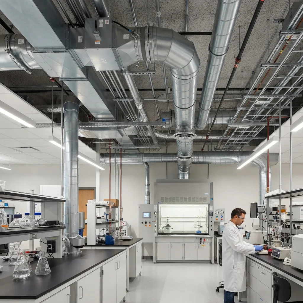 Modern laboratory featuring exposed HVAC ductwork and a ducted chemical fume hood.
