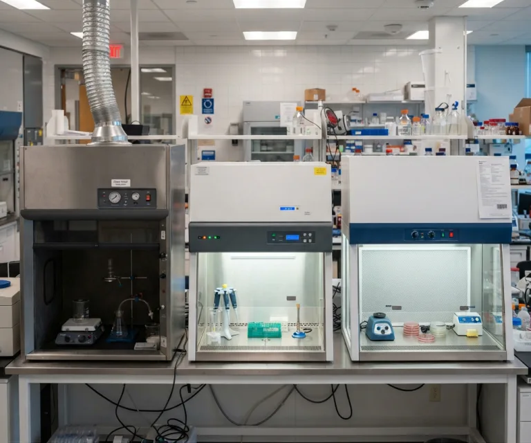 Comparison of a small chemical fume hood and two laminar flow clean benches on a lab workbench.