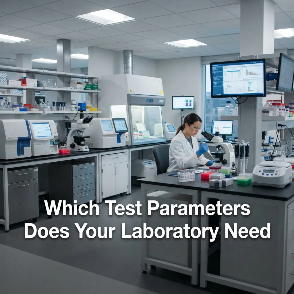Modern clinical laboratory equipped with diagnostic analyzers and a scientist examining samples.