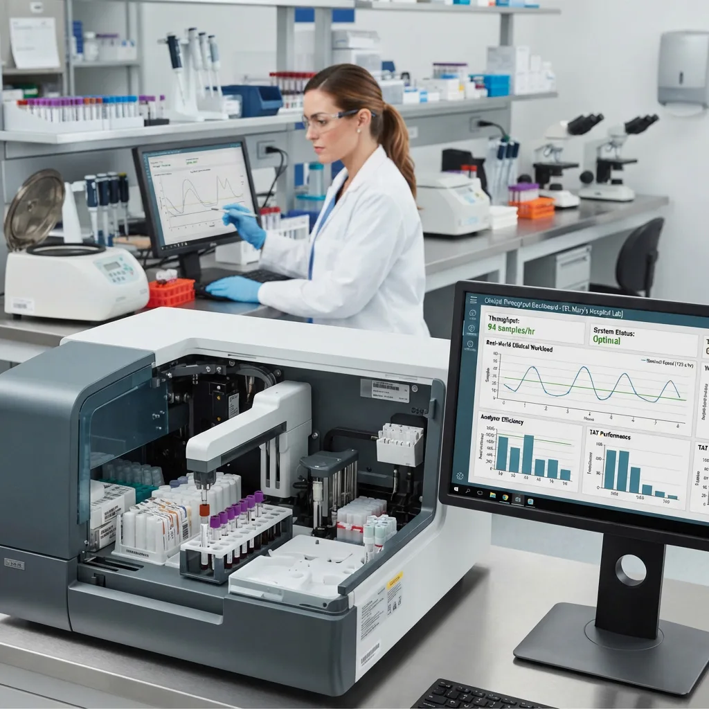 Laboratory professional monitoring biochemistry analyzer performance and throughput data.