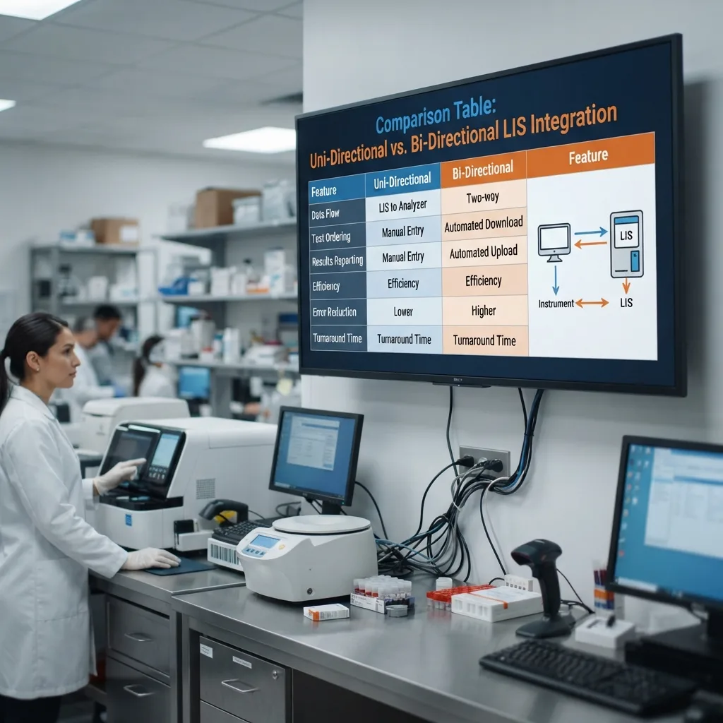 Medical laboratory technician reviewing bi-directional LIS integration comparison chart on digital display.
