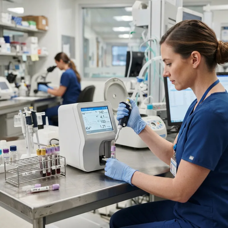 Medical technician pipetting a blood sample next to a digital electrolyte analyzer.