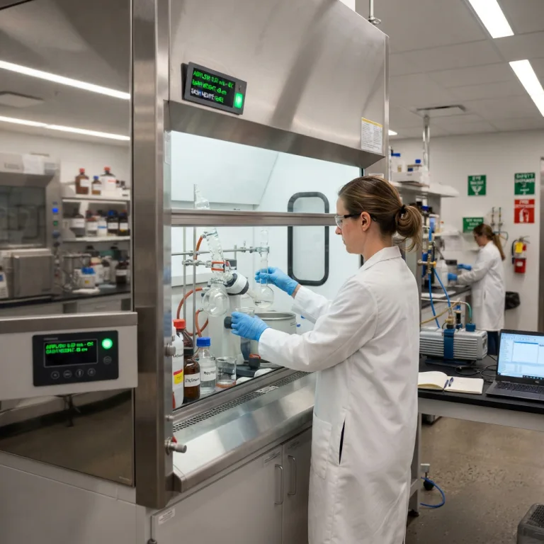 Chemist operating a rotary evaporator inside a stainless steel chemical fume hood.